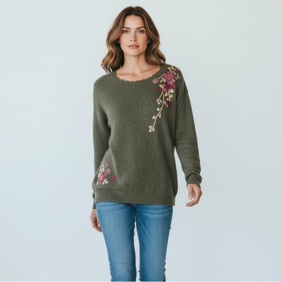 Tulchan Wool Olive Green Knitted Pink Florals with Petal Trim Neckline Large - Picture 13 of 13